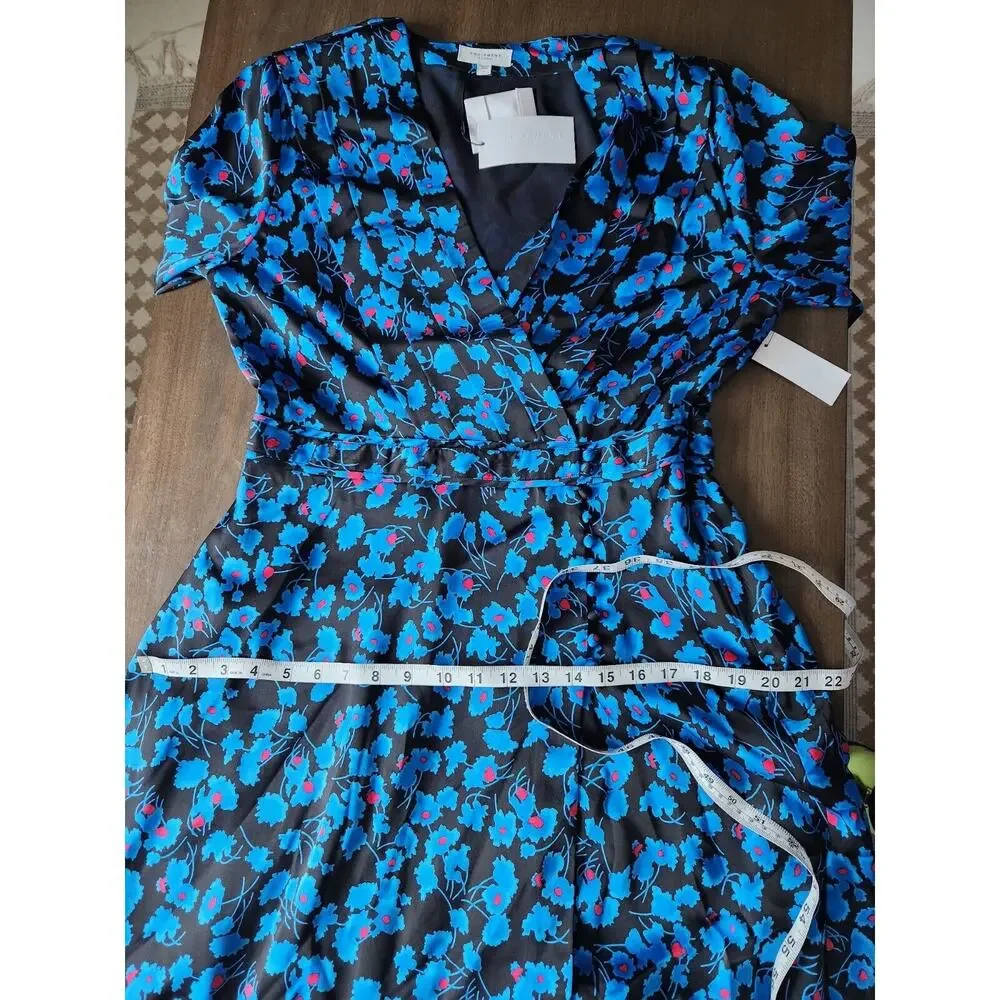 Equipment Femme Womens Blue Black Floral V-Neck Empire Waist Shift Dress NWT L - Picture 10 of 13